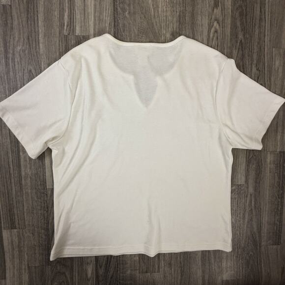 Crystal-Kobe XL White Beaded Sequin Floral Tee Shirt Made in Mexico V Neck - Picture 3 of 6